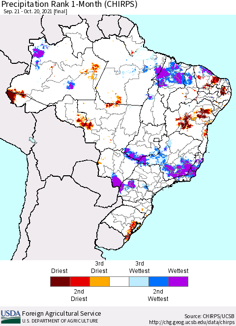 Brazil Precipitation Rank since 1981, 1-Month (CHIRPS) Thematic Map For 9/21/2021 - 10/20/2021