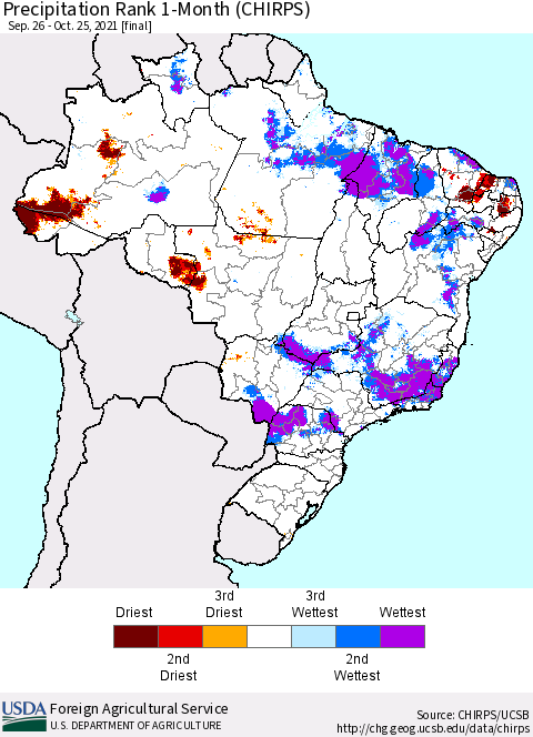 Brazil Precipitation Rank since 1981, 1-Month (CHIRPS) Thematic Map For 9/26/2021 - 10/25/2021
