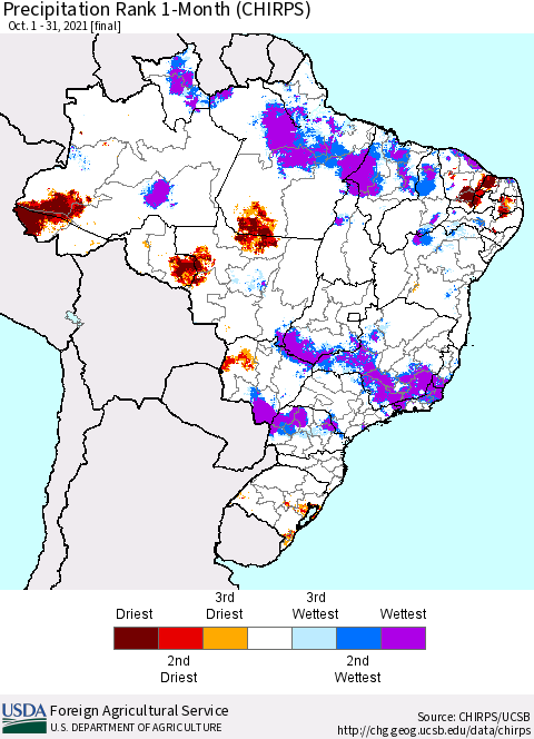 Brazil Precipitation Rank since 1981, 1-Month (CHIRPS) Thematic Map For 10/1/2021 - 10/31/2021