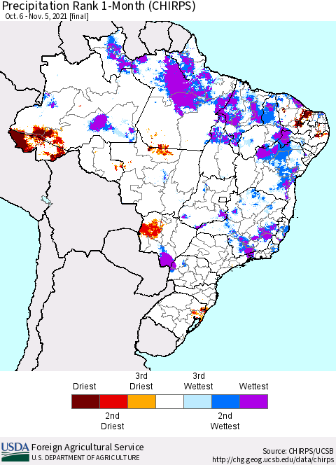 Brazil Precipitation Rank since 1981, 1-Month (CHIRPS) Thematic Map For 10/6/2021 - 11/5/2021