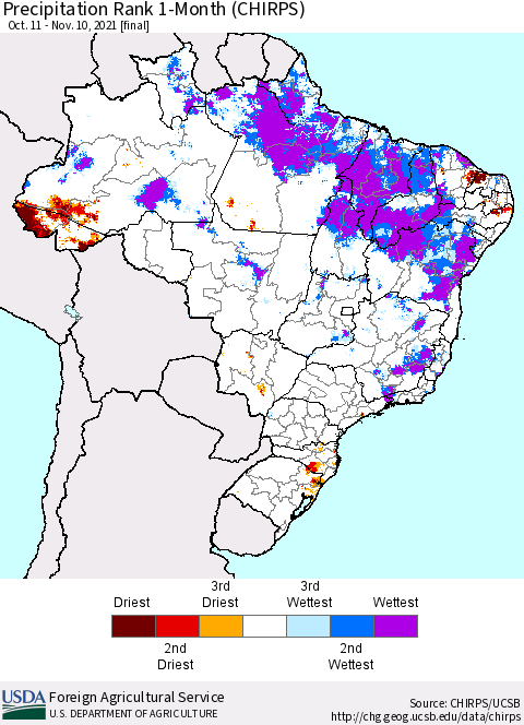 Brazil Precipitation Rank since 1981, 1-Month (CHIRPS) Thematic Map For 10/11/2021 - 11/10/2021