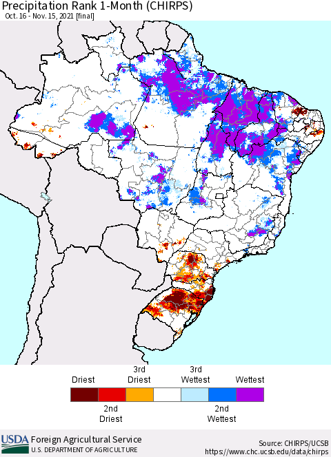 Brazil Precipitation Rank since 1981, 1-Month (CHIRPS) Thematic Map For 10/16/2021 - 11/15/2021