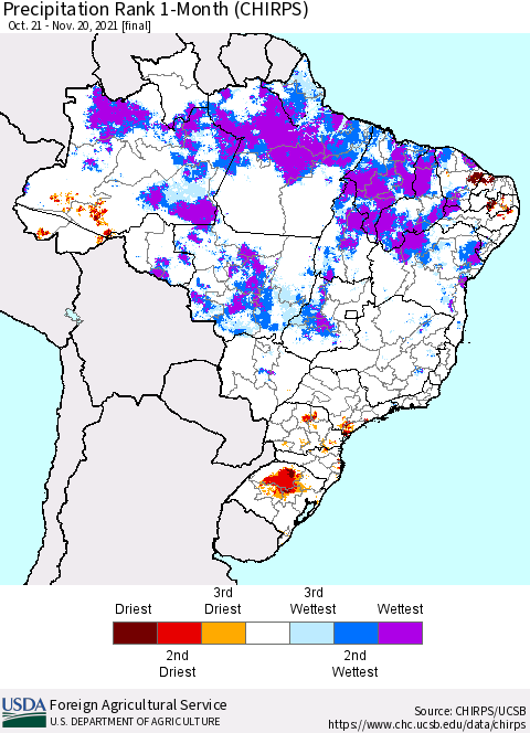 Brazil Precipitation Rank since 1981, 1-Month (CHIRPS) Thematic Map For 10/21/2021 - 11/20/2021