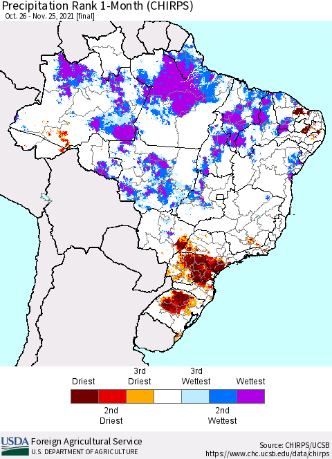 Brazil Precipitation Rank since 1981, 1-Month (CHIRPS) Thematic Map For 10/26/2021 - 11/25/2021