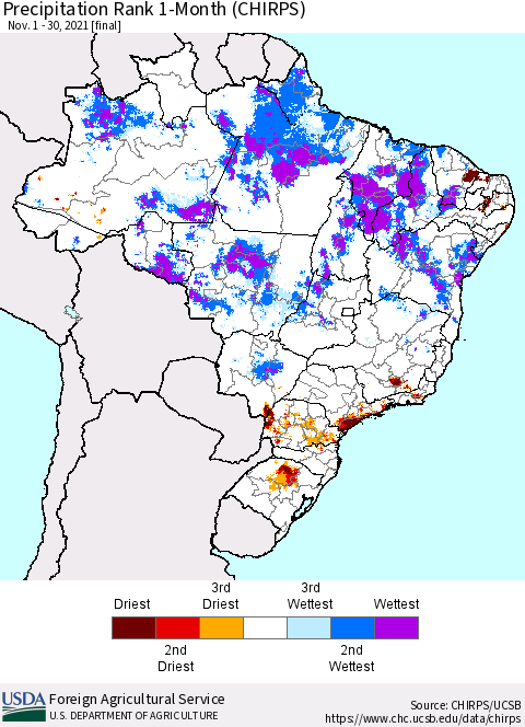 Brazil Precipitation Rank since 1981, 1-Month (CHIRPS) Thematic Map For 11/1/2021 - 11/30/2021