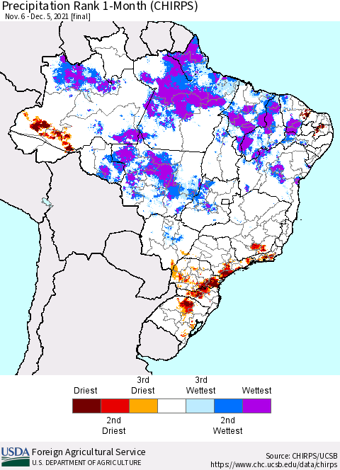 Brazil Precipitation Rank since 1981, 1-Month (CHIRPS) Thematic Map For 11/6/2021 - 12/5/2021