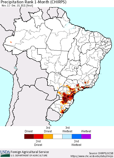 Brazil Precipitation Rank since 1981, 1-Month (CHIRPS) Thematic Map For 11/11/2021 - 12/10/2021