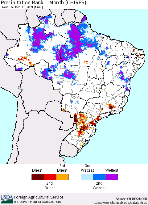 Brazil Precipitation Rank since 1981, 1-Month (CHIRPS) Thematic Map For 11/16/2021 - 12/15/2021