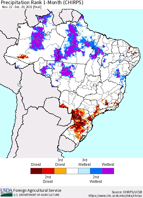Brazil Precipitation Rank since 1981, 1-Month (CHIRPS) Thematic Map For 11/21/2021 - 12/20/2021