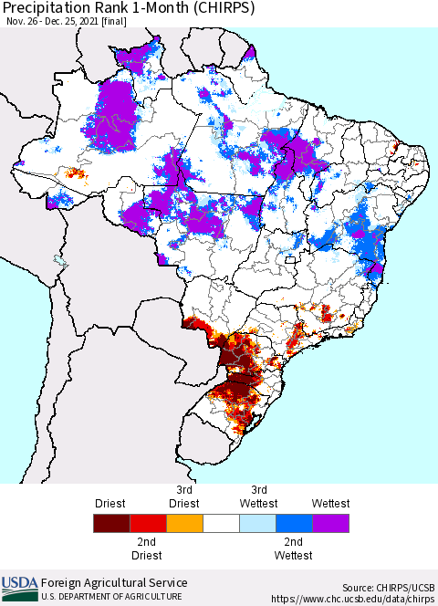 Brazil Precipitation Rank since 1981, 1-Month (CHIRPS) Thematic Map For 11/26/2021 - 12/25/2021