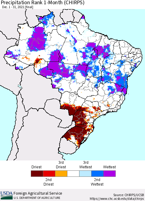 Brazil Precipitation Rank since 1981, 1-Month (CHIRPS) Thematic Map For 12/1/2021 - 12/31/2021