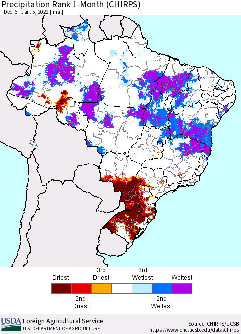 Brazil Precipitation Rank since 1981, 1-Month (CHIRPS) Thematic Map For 12/6/2021 - 1/5/2022