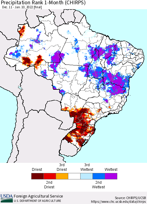 Brazil Precipitation Rank since 1981, 1-Month (CHIRPS) Thematic Map For 12/11/2021 - 1/10/2022