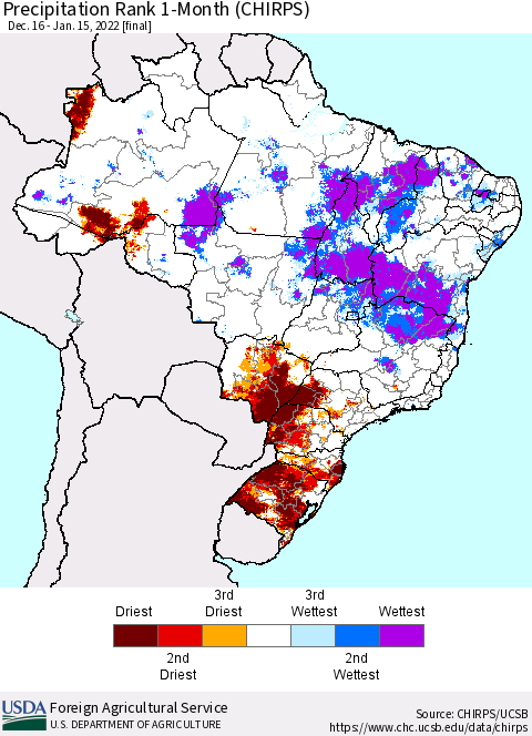 Brazil Precipitation Rank since 1981, 1-Month (CHIRPS) Thematic Map For 12/16/2021 - 1/15/2022