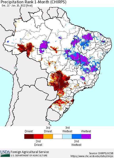 Brazil Precipitation Rank since 1981, 1-Month (CHIRPS) Thematic Map For 12/21/2021 - 1/20/2022