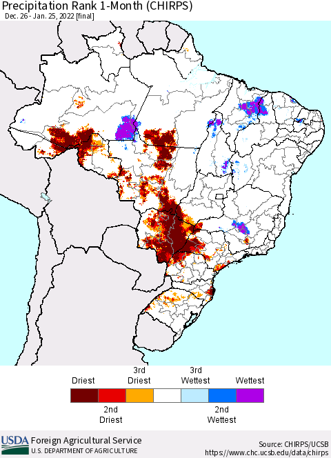 Brazil Precipitation Rank since 1981, 1-Month (CHIRPS) Thematic Map For 12/26/2021 - 1/25/2022