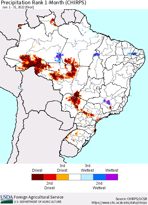 Brazil Precipitation Rank since 1981, 1-Month (CHIRPS) Thematic Map For 1/1/2022 - 1/31/2022