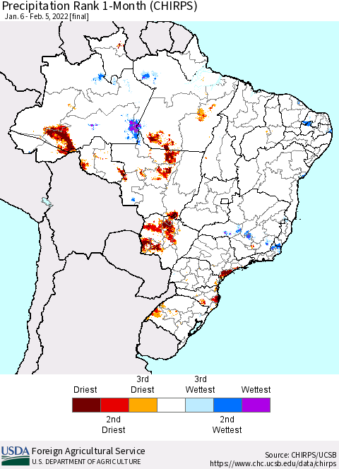 Brazil Precipitation Rank since 1981, 1-Month (CHIRPS) Thematic Map For 1/6/2022 - 2/5/2022