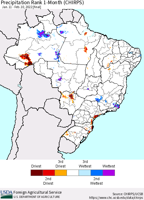 Brazil Precipitation Rank since 1981, 1-Month (CHIRPS) Thematic Map For 1/11/2022 - 2/10/2022
