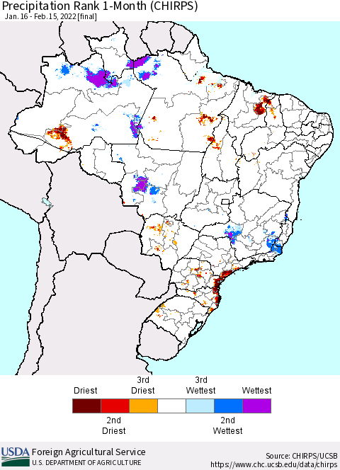 Brazil Precipitation Rank since 1981, 1-Month (CHIRPS) Thematic Map For 1/16/2022 - 2/15/2022
