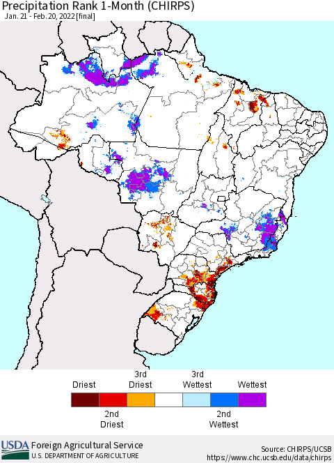Brazil Precipitation Rank since 1981, 1-Month (CHIRPS) Thematic Map For 1/21/2022 - 2/20/2022