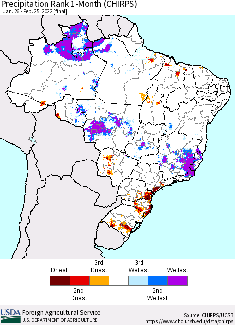 Brazil Precipitation Rank since 1981, 1-Month (CHIRPS) Thematic Map For 1/26/2022 - 2/25/2022