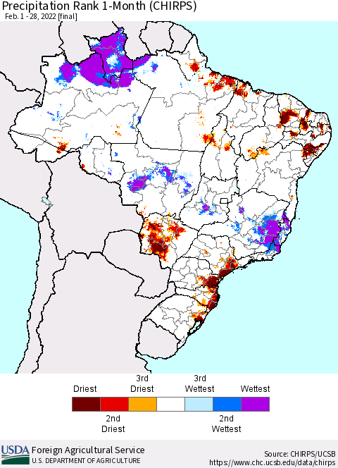 Brazil Precipitation Rank since 1981, 1-Month (CHIRPS) Thematic Map For 2/1/2022 - 2/28/2022