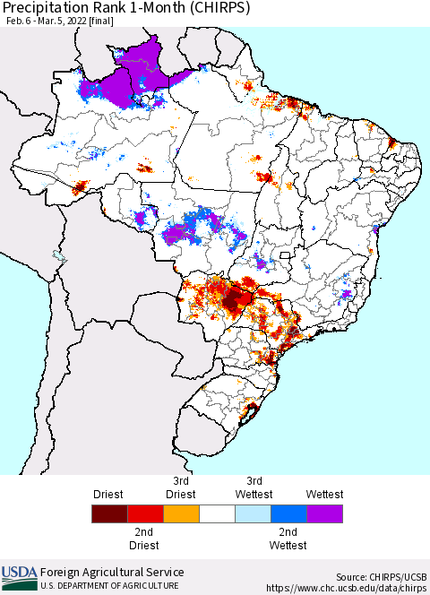 Brazil Precipitation Rank since 1981, 1-Month (CHIRPS) Thematic Map For 2/6/2022 - 3/5/2022
