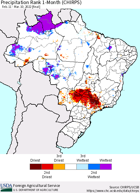 Brazil Precipitation Rank since 1981, 1-Month (CHIRPS) Thematic Map For 2/11/2022 - 3/10/2022