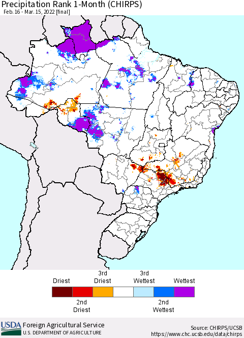 Brazil Precipitation Rank since 1981, 1-Month (CHIRPS) Thematic Map For 2/16/2022 - 3/15/2022