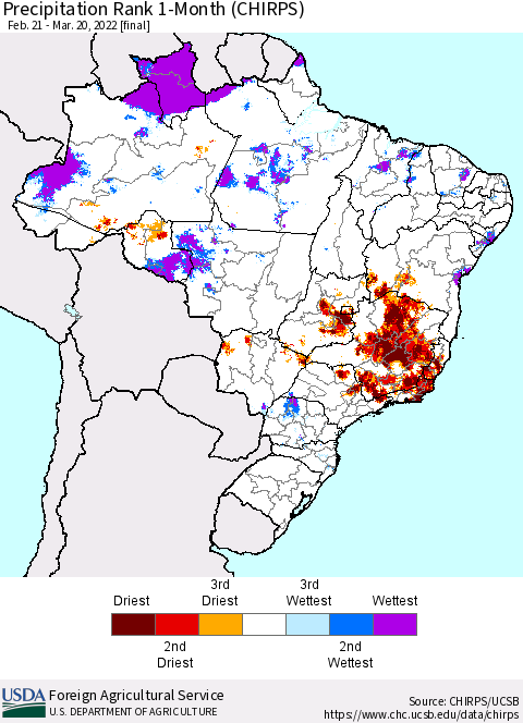 Brazil Precipitation Rank since 1981, 1-Month (CHIRPS) Thematic Map For 2/21/2022 - 3/20/2022