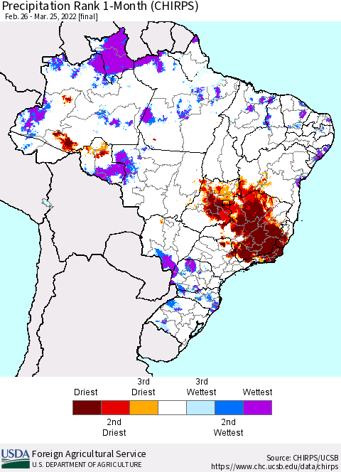 Brazil Precipitation Rank since 1981, 1-Month (CHIRPS) Thematic Map For 2/26/2022 - 3/25/2022