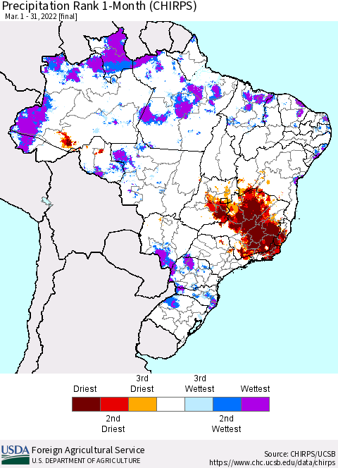 Brazil Precipitation Rank since 1981, 1-Month (CHIRPS) Thematic Map For 3/1/2022 - 3/31/2022