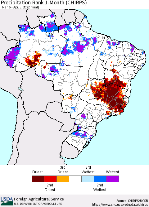 Brazil Precipitation Rank since 1981, 1-Month (CHIRPS) Thematic Map For 3/6/2022 - 4/5/2022