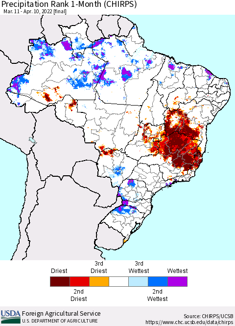 Brazil Precipitation Rank since 1981, 1-Month (CHIRPS) Thematic Map For 3/11/2022 - 4/10/2022