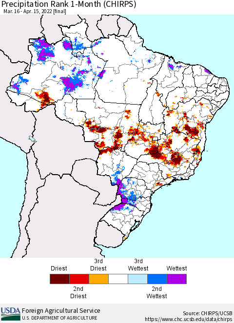 Brazil Precipitation Rank since 1981, 1-Month (CHIRPS) Thematic Map For 3/16/2022 - 4/15/2022