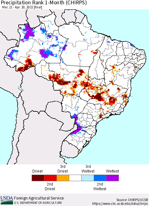 Brazil Precipitation Rank since 1981, 1-Month (CHIRPS) Thematic Map For 3/21/2022 - 4/20/2022