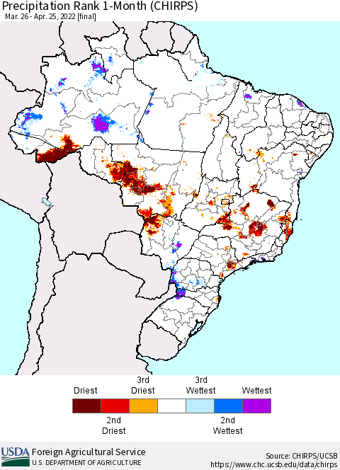 Brazil Precipitation Rank since 1981, 1-Month (CHIRPS) Thematic Map For 3/26/2022 - 4/25/2022