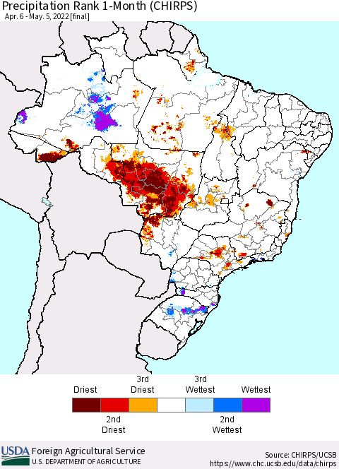 Brazil Precipitation Rank since 1981, 1-Month (CHIRPS) Thematic Map For 4/6/2022 - 5/5/2022