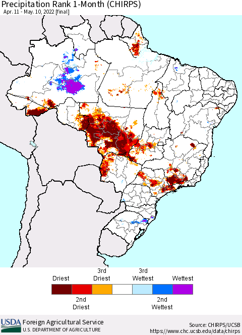 Brazil Precipitation Rank since 1981, 1-Month (CHIRPS) Thematic Map For 4/11/2022 - 5/10/2022