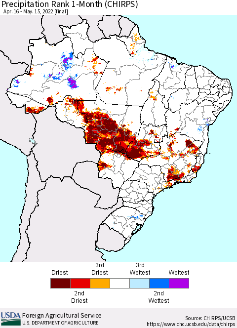 Brazil Precipitation Rank since 1981, 1-Month (CHIRPS) Thematic Map For 4/16/2022 - 5/15/2022