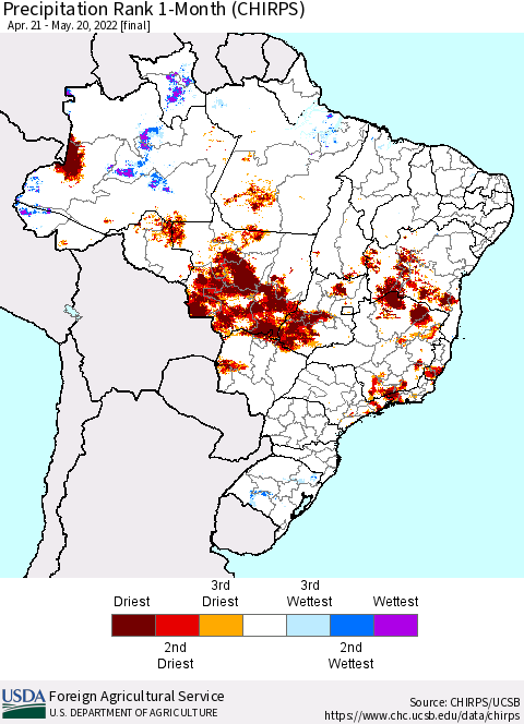 Brazil Precipitation Rank since 1981, 1-Month (CHIRPS) Thematic Map For 4/21/2022 - 5/20/2022