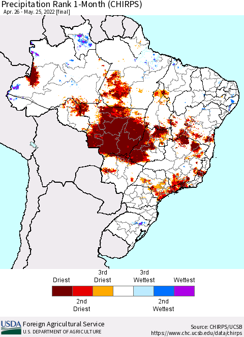Brazil Precipitation Rank since 1981, 1-Month (CHIRPS) Thematic Map For 4/26/2022 - 5/25/2022