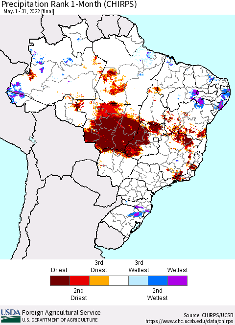Brazil Precipitation Rank since 1981, 1-Month (CHIRPS) Thematic Map For 5/1/2022 - 5/31/2022