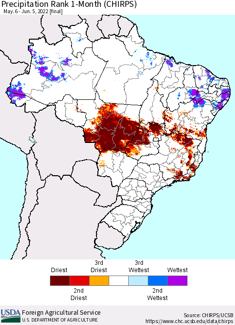 Brazil Precipitation Rank since 1981, 1-Month (CHIRPS) Thematic Map For 5/6/2022 - 6/5/2022