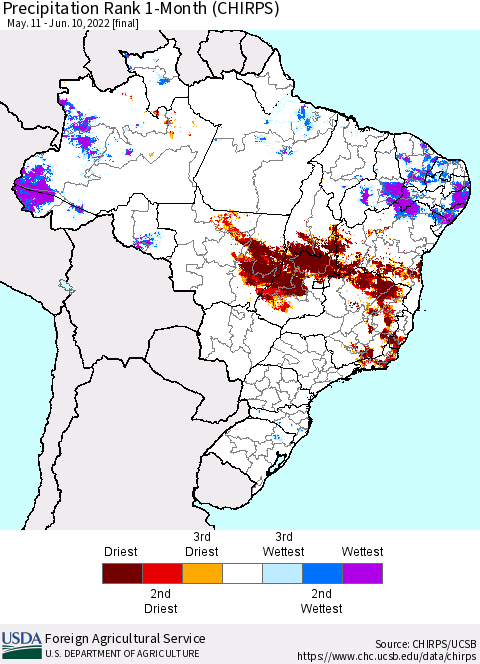 Brazil Precipitation Rank since 1981, 1-Month (CHIRPS) Thematic Map For 5/11/2022 - 6/10/2022