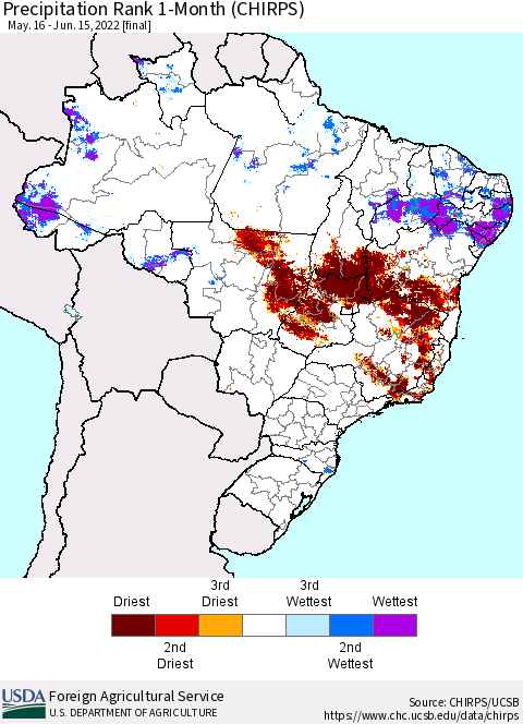 Brazil Precipitation Rank since 1981, 1-Month (CHIRPS) Thematic Map For 5/16/2022 - 6/15/2022