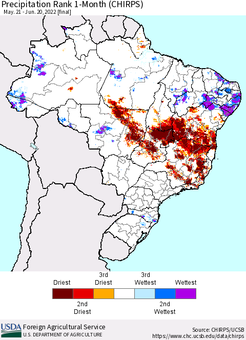 Brazil Precipitation Rank since 1981, 1-Month (CHIRPS) Thematic Map For 5/21/2022 - 6/20/2022
