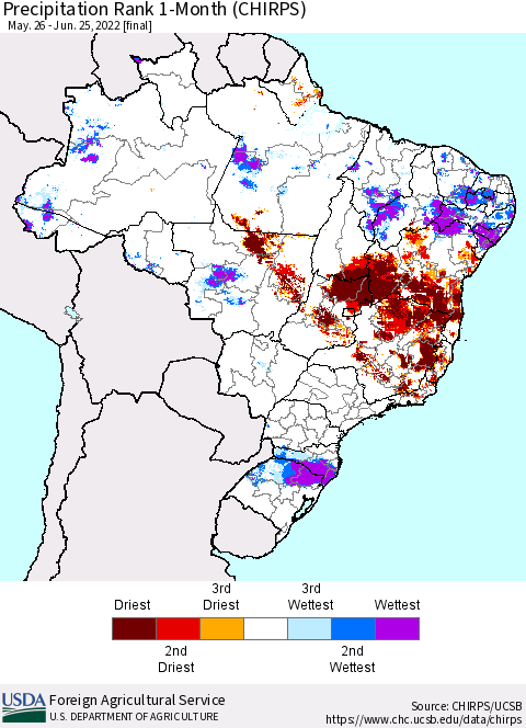 Brazil Precipitation Rank since 1981, 1-Month (CHIRPS) Thematic Map For 5/26/2022 - 6/25/2022
