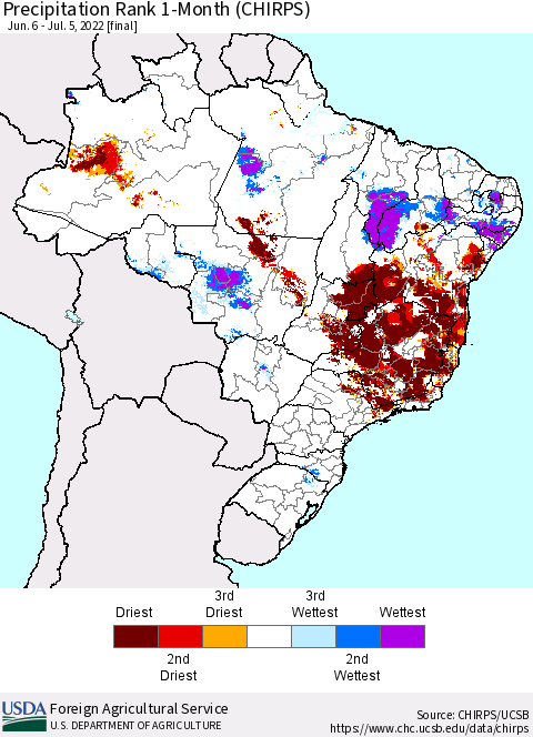 Brazil Precipitation Rank since 1981, 1-Month (CHIRPS) Thematic Map For 6/6/2022 - 7/5/2022